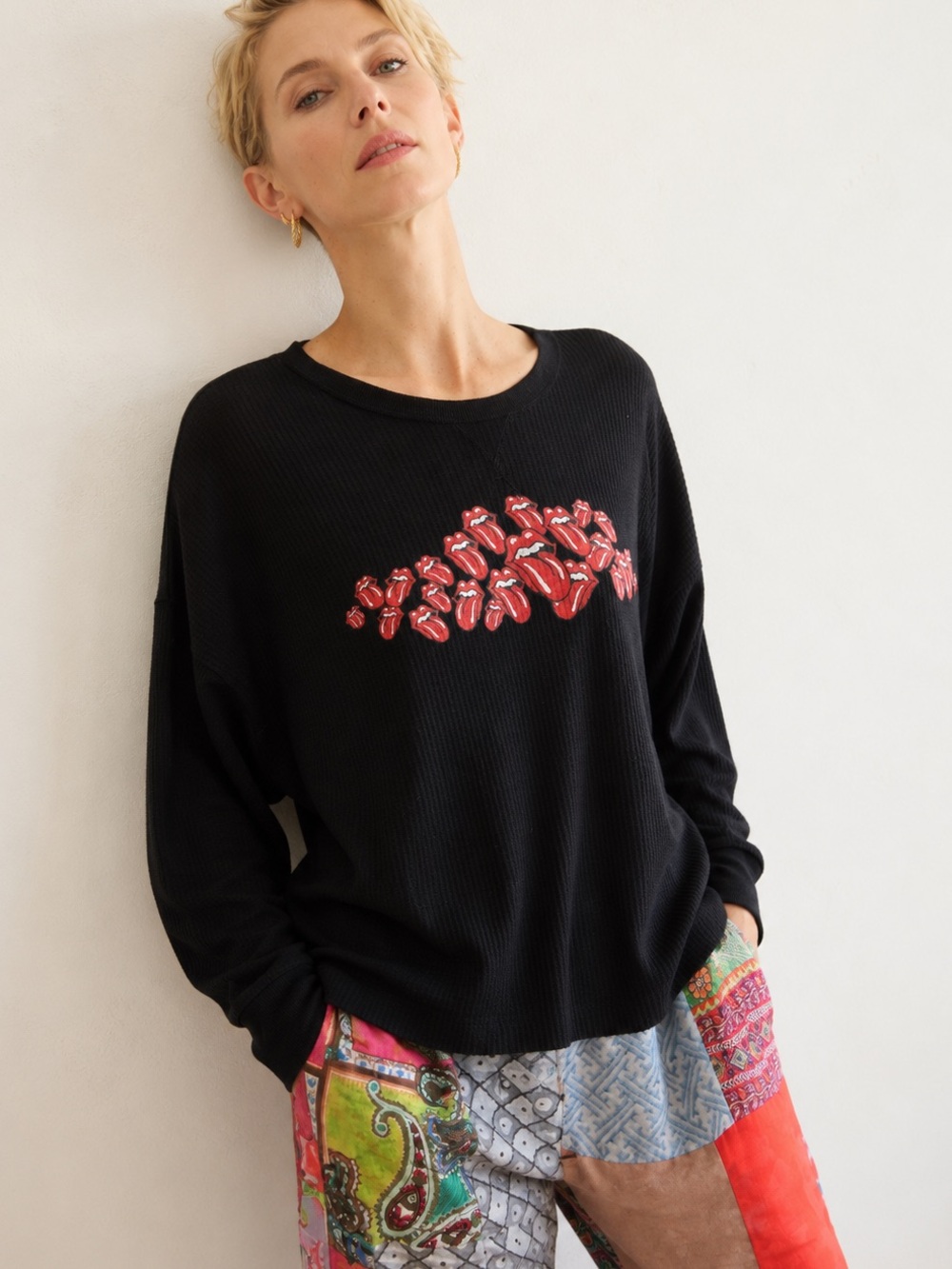 Rolling Stones Black Waffle Knit Graphic Thermal Top